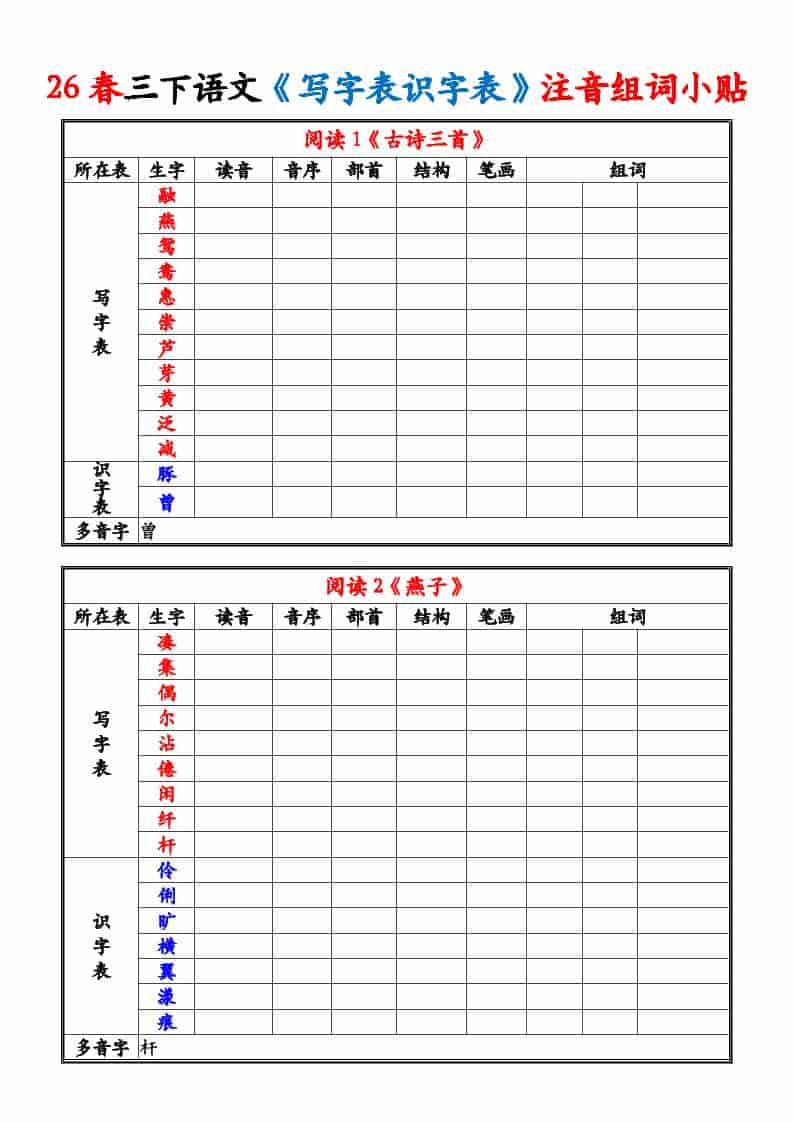 三年级下语文26春《写字表识字表》注音组词小贴-云科数创