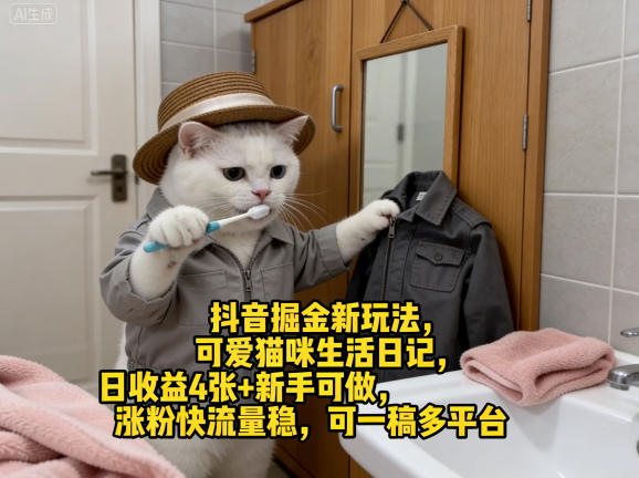 抖音掘金新玩法，可爱猫咪生活日记，日收益4张+新手可做，涨粉快流量稳，可一稿多平台-云科数创