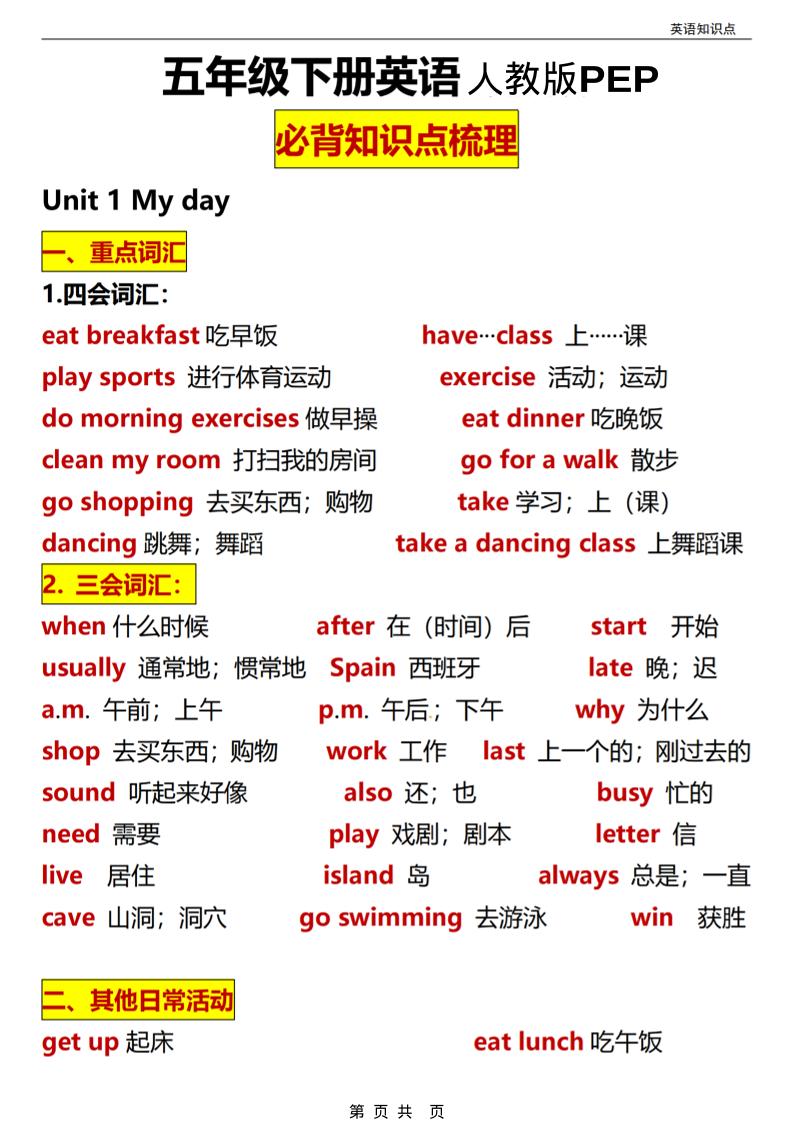 五年级(下）英语全册知识点汇总《人教版PEP》-云科数创