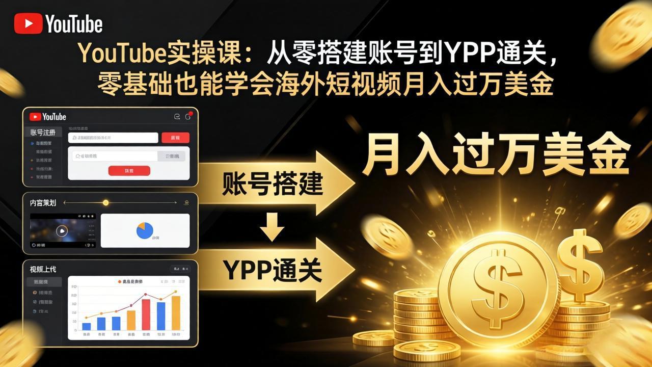 YouTube实操课：从零搭建账号到YPP通关，零基础也能学会海外短视频月入过万美金-云科数创