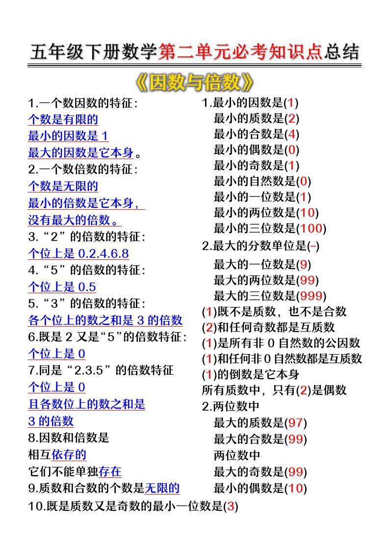 五年级下数学第二单元必考知识点总结-云科数创