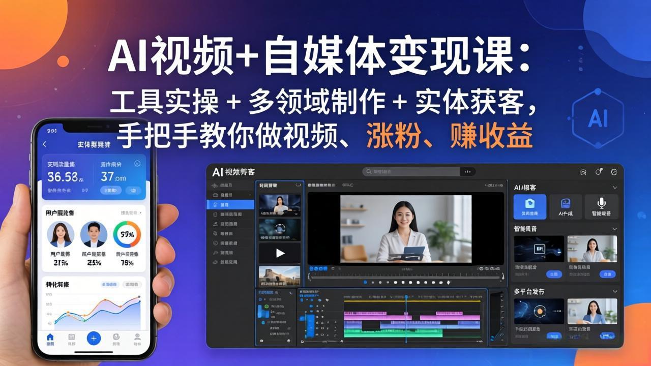 AI视频+自媒体变现课：工具实操 + 多领域制作 + 实体获客，手把手教你做视频、涨粉、赚收益-云科数创