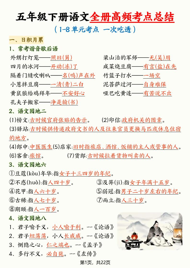 五年级下语文全册高频考点总结-云科数创
