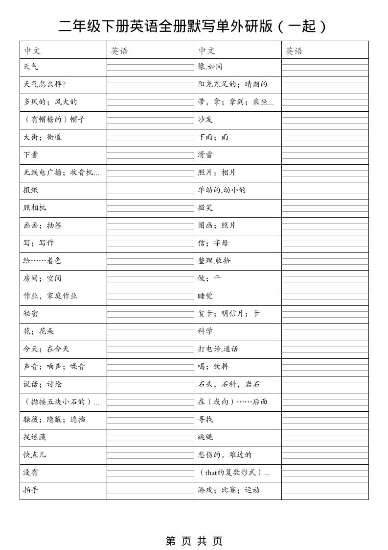 二年级下英语全册默写单（看中写英）《外研版（一起）》-云科数创