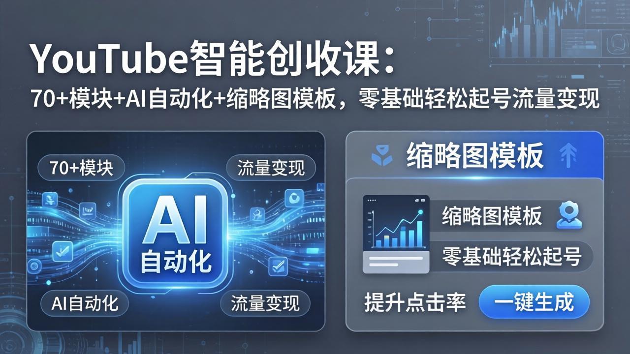 YouTube智能创收课:70+模块+AI自动化+缩略图模板,零基础轻松起号流量变现-云科数创