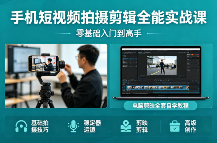 手机短视频拍摄剪辑全能实战课:零基础入门到高手,稳定器运镜+电脑剪映全套自学教程-云科数创