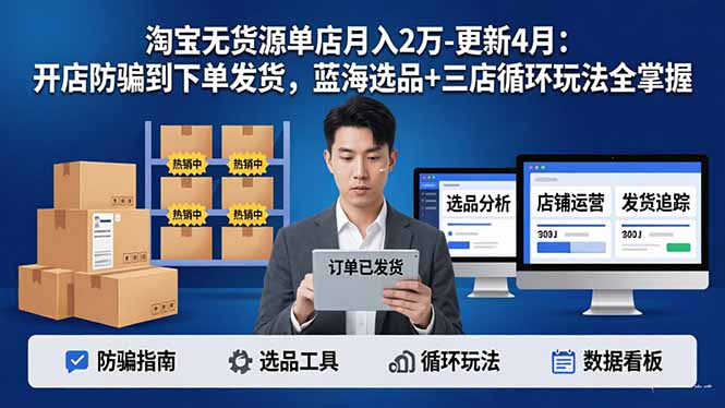 淘宝无货源5.0单店月入2万-更新4月:开店防骗到下单发货,蓝海选品+三店循环玩法全掌握-云科数创