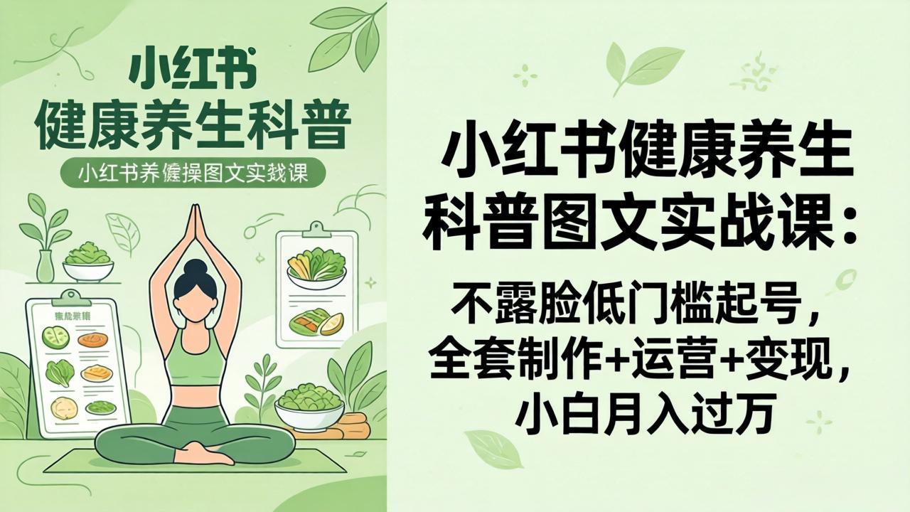 2026小红书健康养生科普图文实战课：不露脸低门槛起号，全套制作+运营+变现，小白月入过万-云科数创