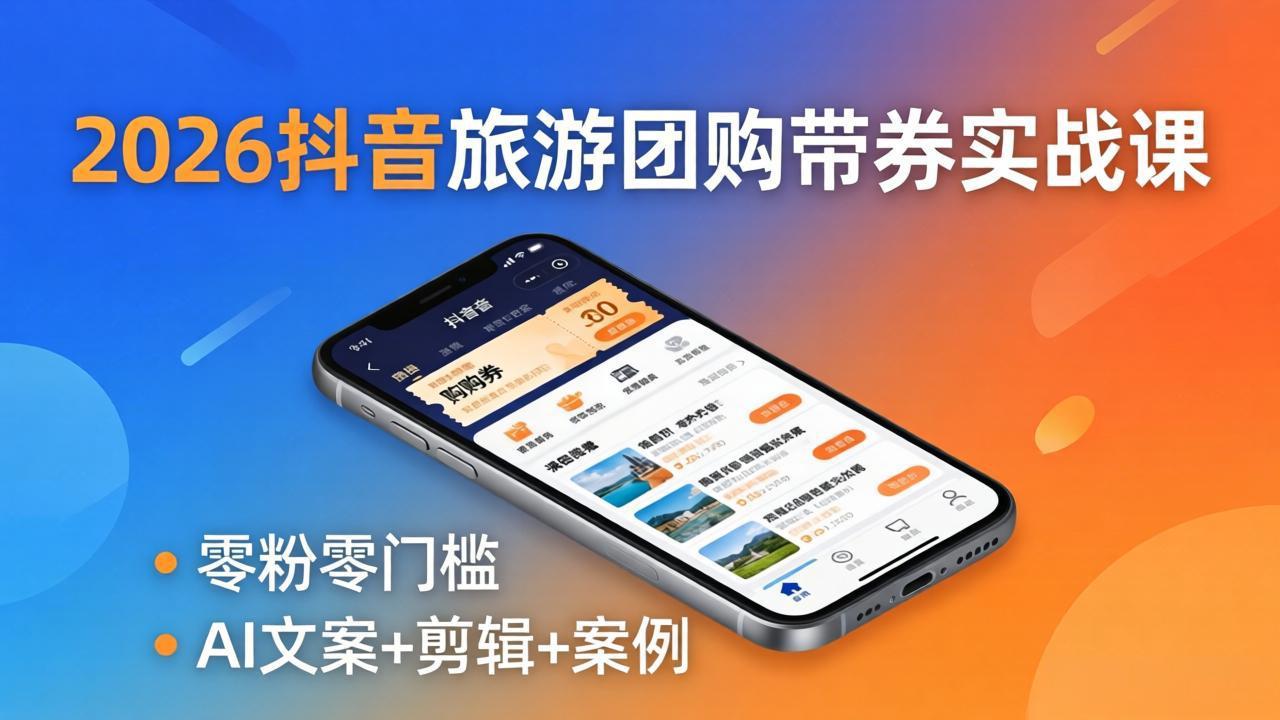 2026抖音旅游团购带券实战课：零粉零门槛，AI文案+剪辑+案例，躺着赚门票佣金-云科数创