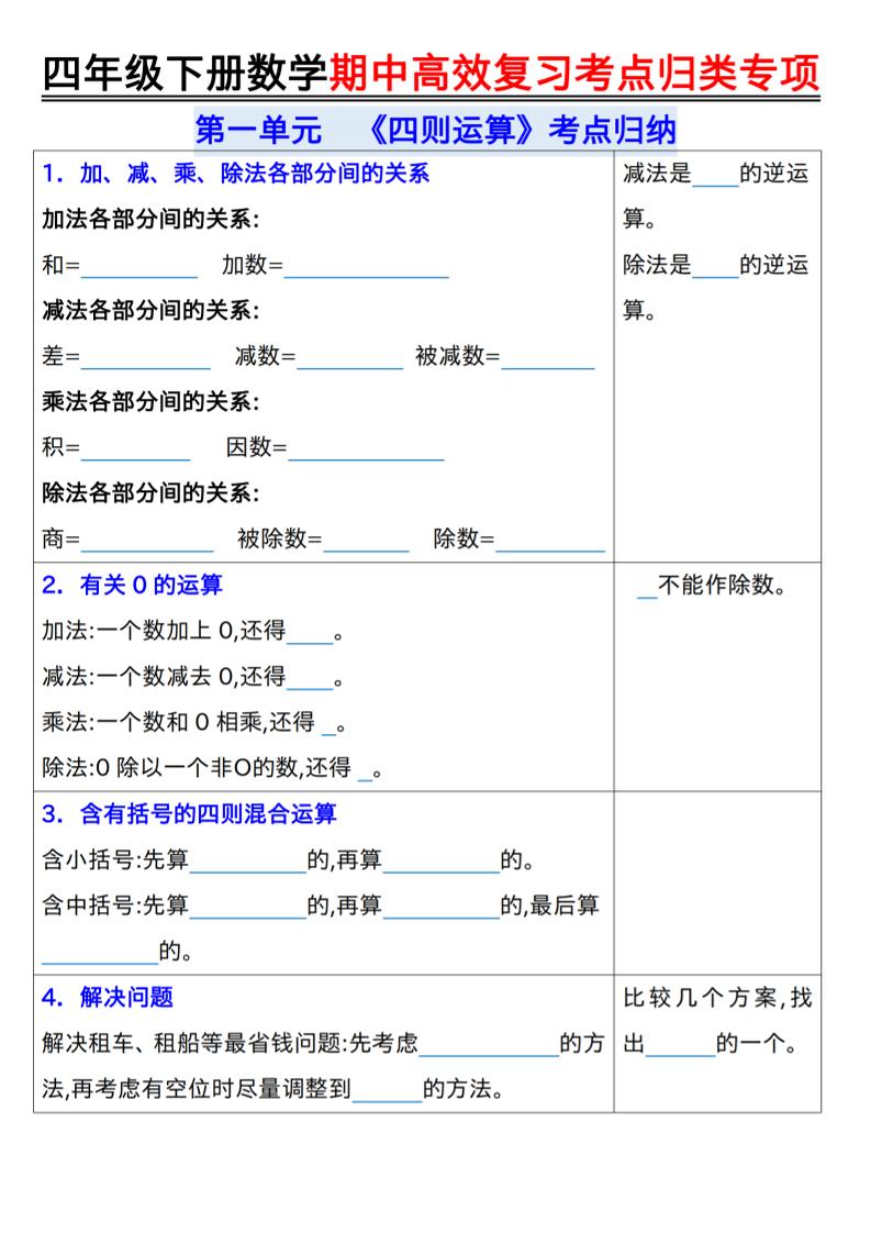 四年级下数学期中复习考点归类专练-云科数创