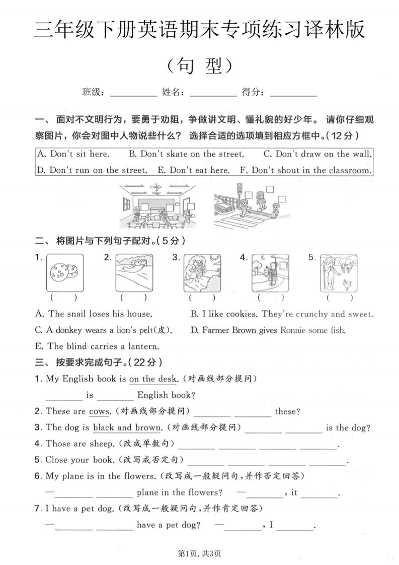 三年级下英语期末句型专项练习《译林版》-云科数创