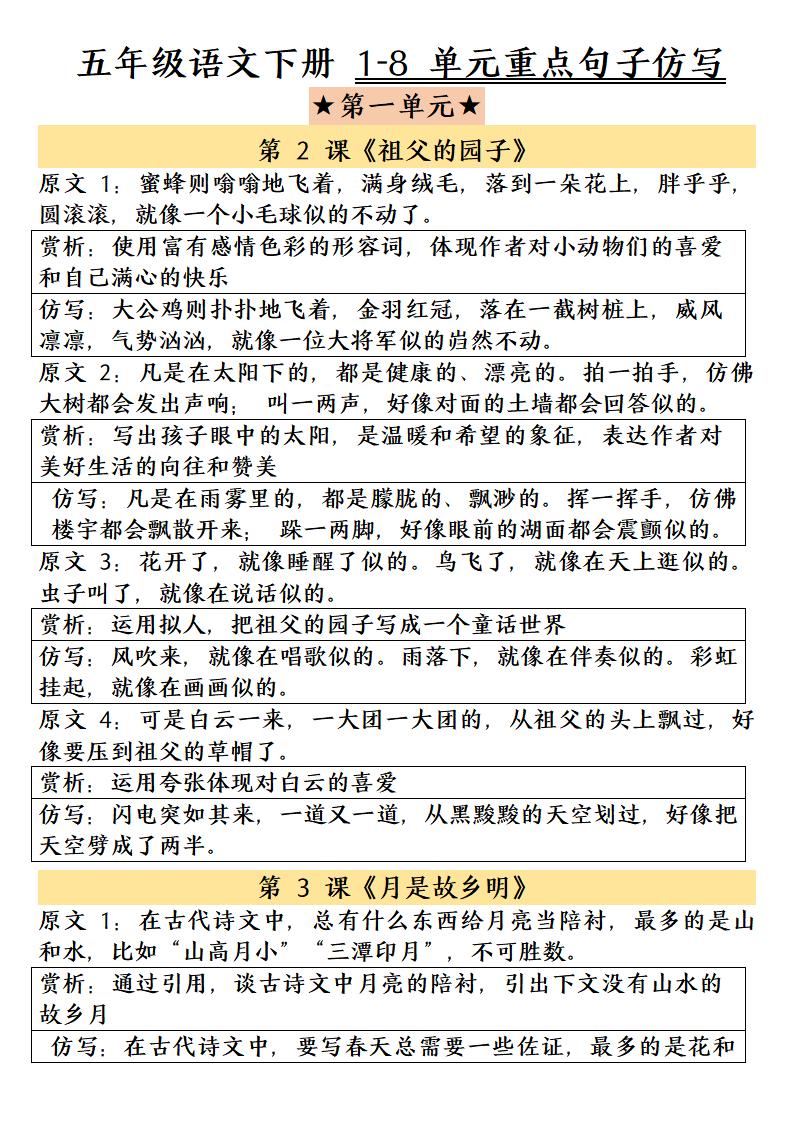 五年级下语文1-8单元重点句子仿写-云科数创