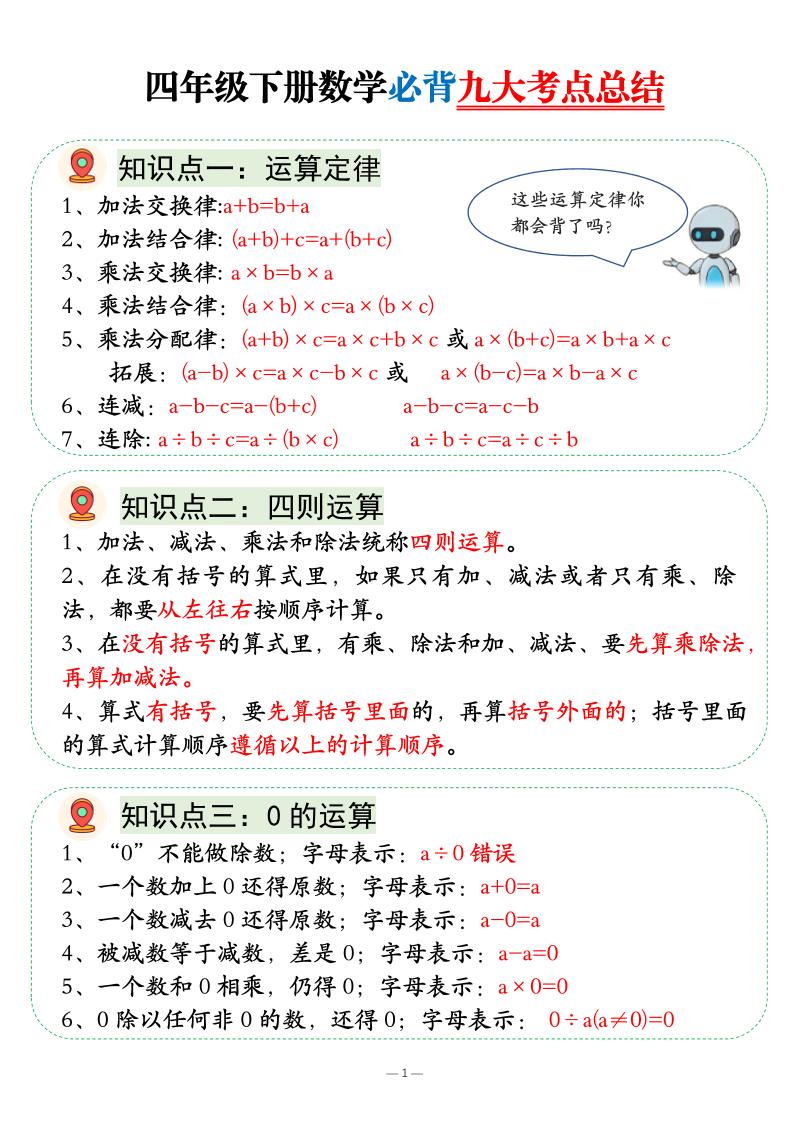 四年级下数学必背九大考点总结-云科数创