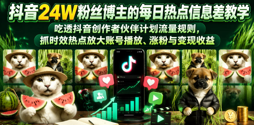 抖音24W粉丝博主的每日热点信息差教学，吃透创作者伙伴计划流量规则，抓时效热点放大账号播放、涨粉与变现收益-云科数创