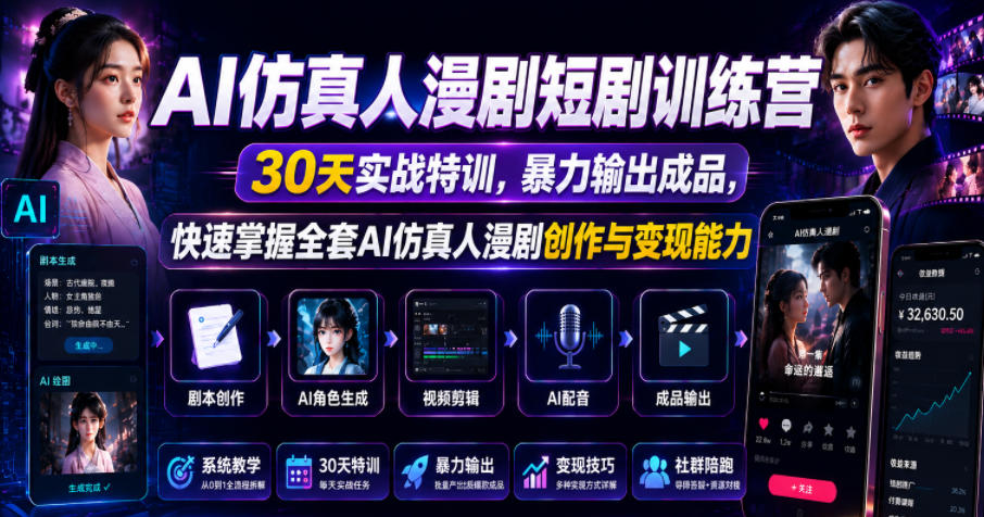 AI仿真人漫剧短剧训练营,30天实战特训,暴力输出成品,快速掌握全套AI仿真人漫剧创作与变现能力-云科数创