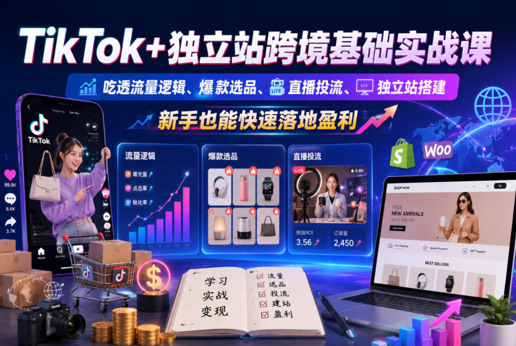 TikTok+独立站跨境基础实战课，吃透流量逻辑、爆款选品、直播投流与独立站搭建，新手也能快速落地盈利-云科数创