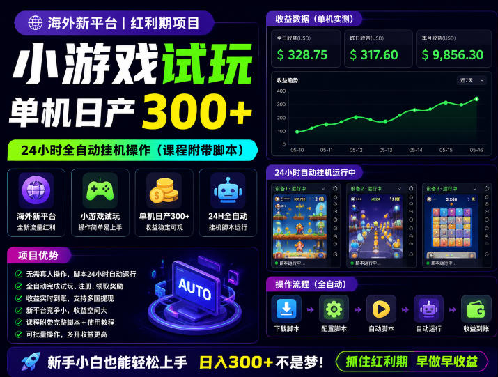 海外新平台,小游戏试玩,单机日产300+,24小时全自动挂G操作(课程附带脚本)【揭秘】-云科数创
