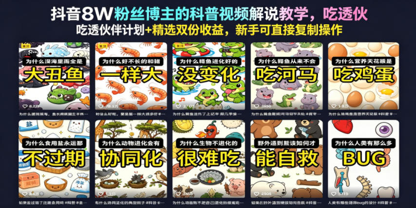 抖音8W粉丝博主的科普视频解说教学，吃透伙伴计划+精选双份收益，新手可直接复制操作-云科数创