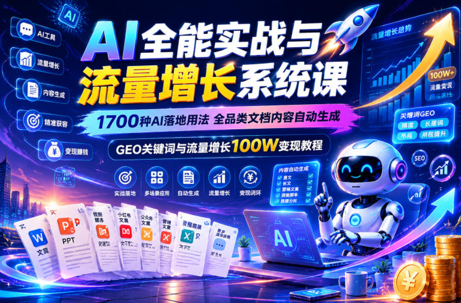 AI全能实战与流量增长系统课,1700种AI落地用法,全品类文档内容自动生成,GEO关键词与流量增长100W变现教程-云科数创
