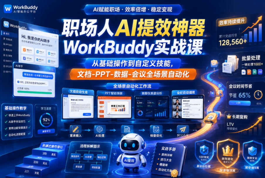 职场人AI提效神器WorkBuddy实战课,从基础操作到自定义技能,文档-PPT-数据-会议全场景自动化-云科数创