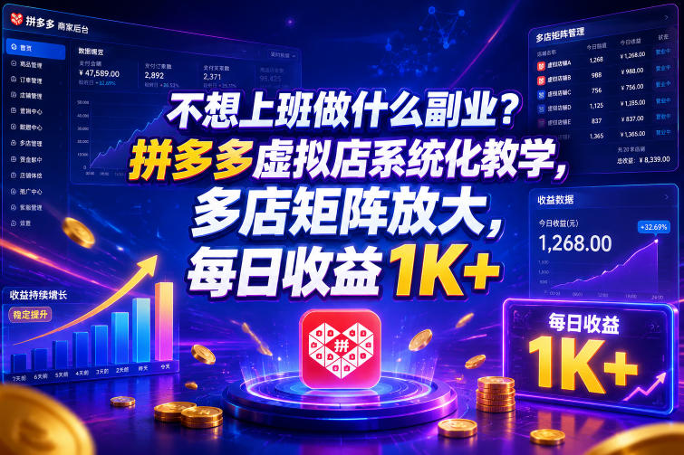 不想上班做什么副业?拼多多虚拟店系统化教学,多店矩阵放大,每日收益1K+【揭秘】-云科数创