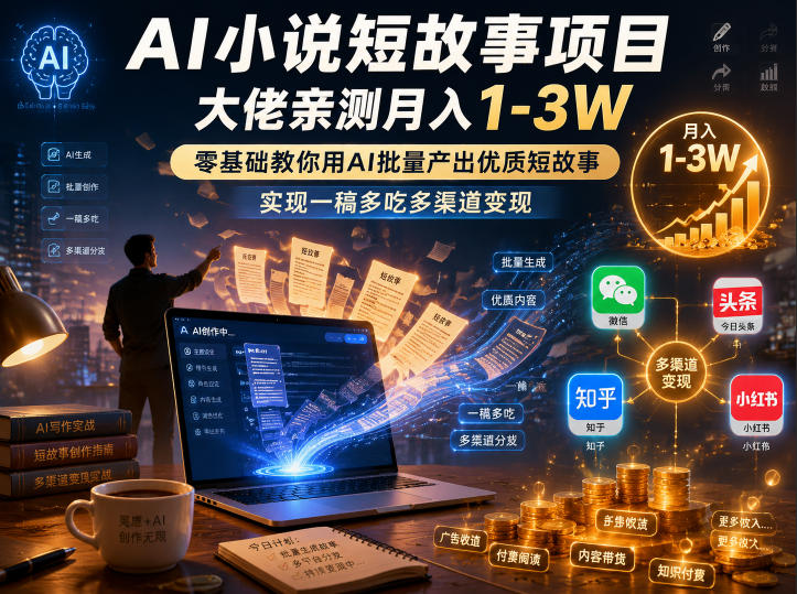 AI小说短故事项目,大佬亲测月入1-3W,零基础教你用AI批量产出优质短故事,实现一稿多吃多渠道变现-云科数创