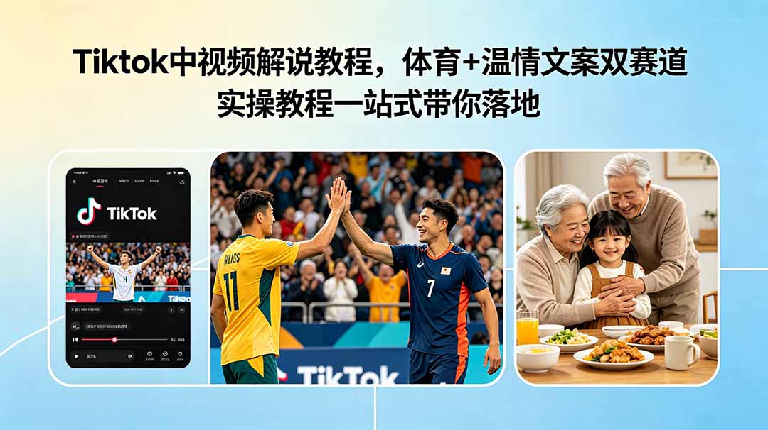 Tiktok中视频解说教程，体育+温情文案双赛道实操教程一站式带你落地-云科数创