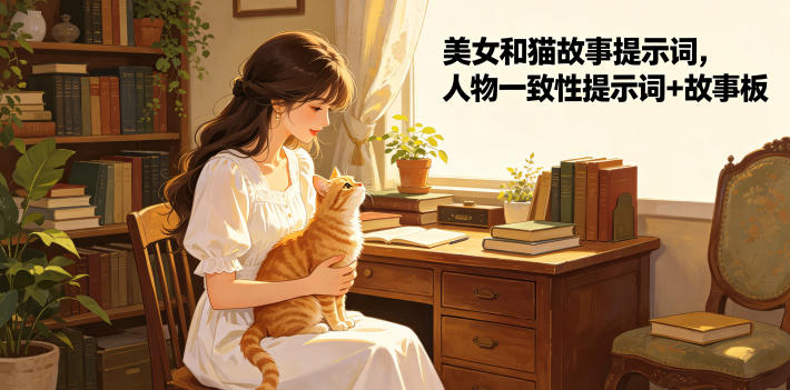 美女和猫故事提示词,人物一致性提示词+故事板-云科数创