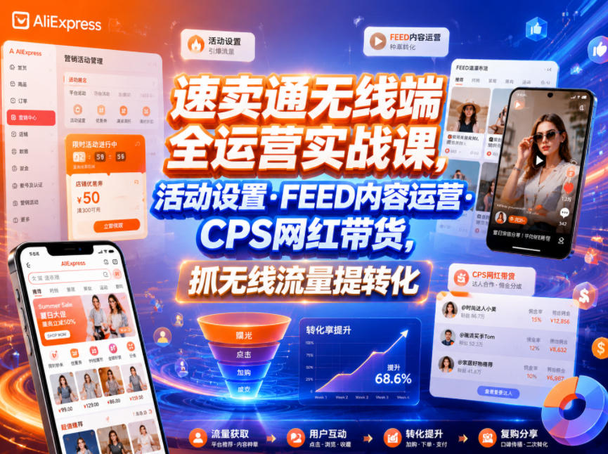 速卖通无线端全运营实战课,活动设置・FEED内容运营・CPS网红带货,抓无线流量提转化-云科数创
