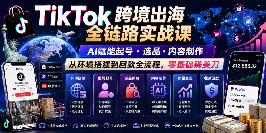 TikTok跨境出海全链路实战课，AI赋能起号・选品・内容制作，从环境搭建到回款全流程，零基础賺美刀-云科数创
