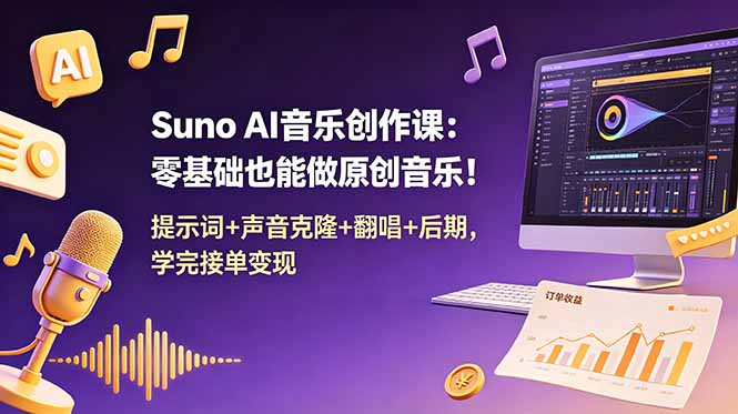 Suno AI音乐创作课:零基础也能做原创音乐!提示词+声音克隆+翻唱+后期,学完接单变现-云科数创