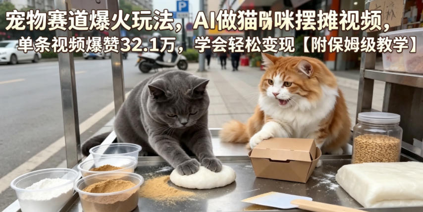 宠物赛道爆火玩法,AI做猫咪摆摊视频,单条视频爆赞32.1万,学会轻松变现【附保姆级教学】-云科数创