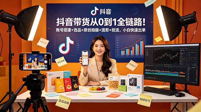 抖音带货从0到1全链路!账号搭建+选品+原创拍摄+混剪+投流,小白快速出单-云科数创
