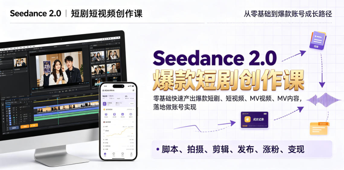 Seedance 2.0短剧短视频创作课，零基础快速产出爆款短剧、短视频、MV内容，落地做账号实现变现-云科数创