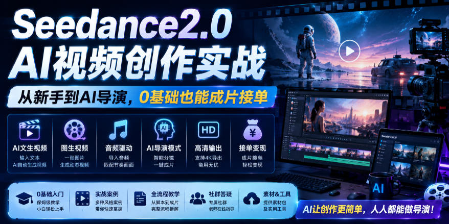 Seedance2.0 AI视频创作实战,从新手到AI导演,0基础也能成片接单变现-云科数创