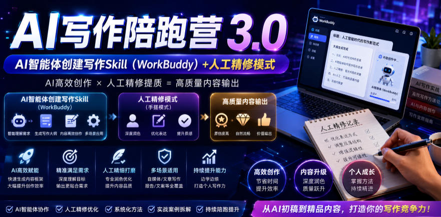 AI写作陪跑营3.0,Ai智能体创建写作skill(workbuddy)+人工手写模式(手搓模式),去除AI痕迹(头条号、公众号、百家号)-云科数创