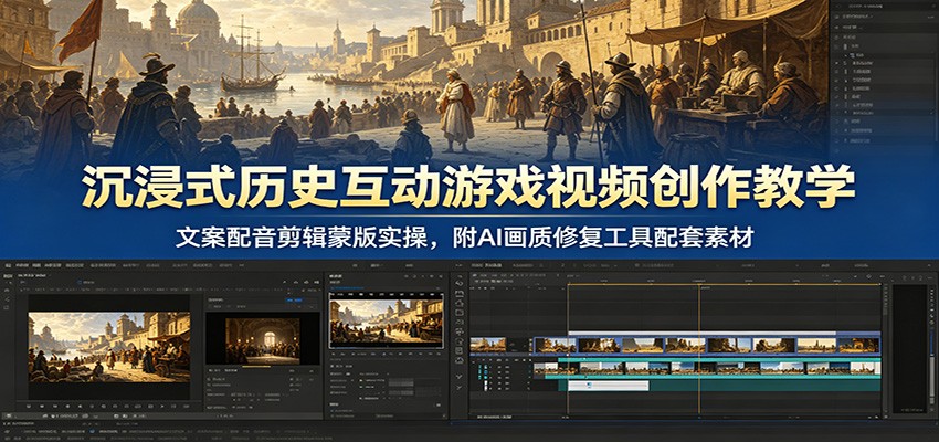 沉浸式历史互动游戏视频创作教学:文案配音剪辑蒙版实操,附AI画质修复工具配套素材-云科数创
