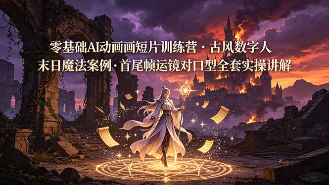 零基础AI动画短片训练营，古风数字人末日魔法案例，首尾帧运镜对口型全套实操讲解-云科数创