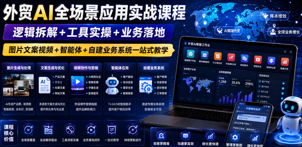 外贸AI全场景应用实战课程｜逻辑拆解+工具实操+业务落地，图片文案视频+智能体+自建业务系统一站式教学-云科数创