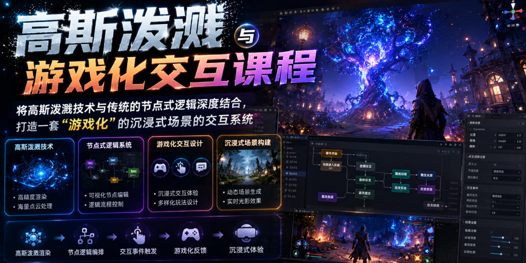 高斯泼溅与游戏化交互课程，将高斯泼溅技术与传统的节点式逻辑深度结合，打造一套“游戏化”的沉浸式场景的交互系统-云科数创