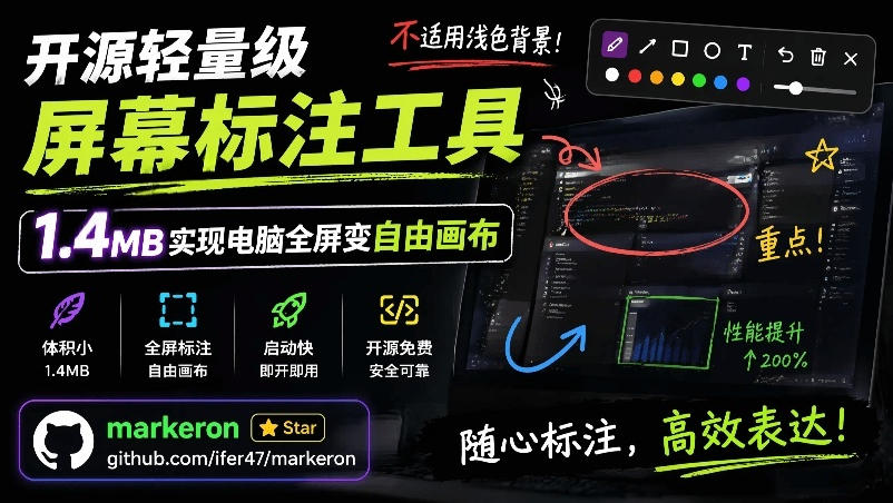 开源轻量级屏幕标注工具,1.4MB实现电脑全屏变自由画布!支持8种标注工具和全键盘操控MarkerOn-云科数创