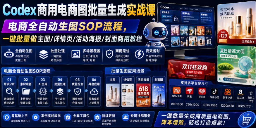 Codex商用电商图批量生成实战课|电商全自动生图SOP流程,一键批量做主图/详情页/活动海报/封面商用教程-云科数创