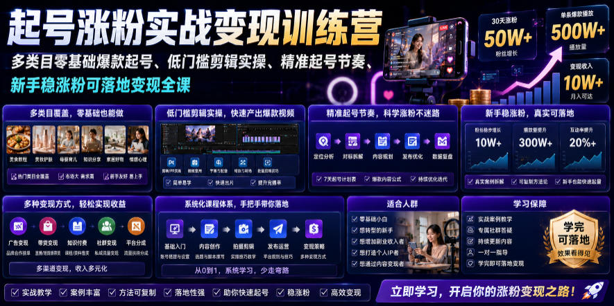 苗子起号涨粉实战变现训练营,多类目零基础爆款起号、精准起号节奏、新手稳涨粉可落地变现全课-云科数创