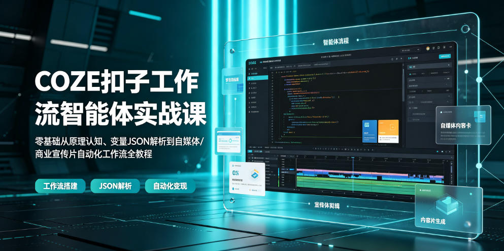 COZE扣子工作流智能体实战课|零基础从原理认知、变量JSON解析到自媒体/商业宣传片自动化工作流全教程-云科数创