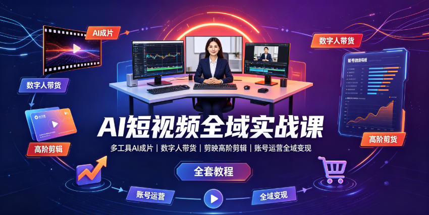 AI短视频全域实战课|多工具AI成片、数字人带货、剪映高阶剪辑、账号运营全域变现全套教程-云科数创