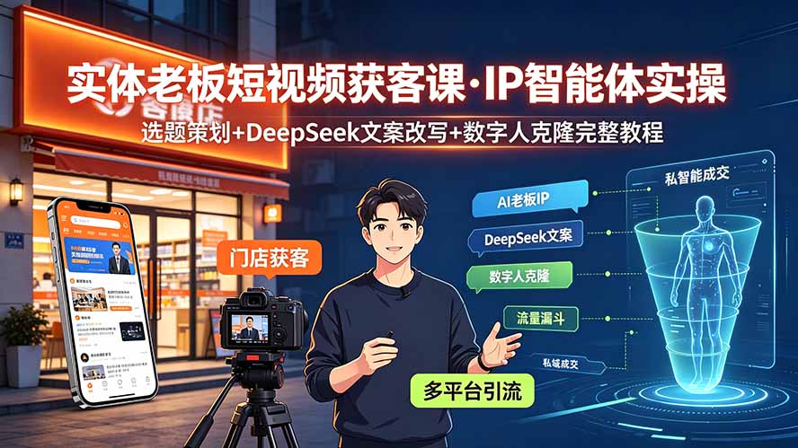 实体老板短视频获客课·IP智能体实操｜选题策划+DeepSeek文案改写+数字人克隆完整教程-云科数创