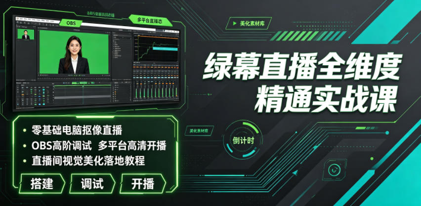 绿幕直播全维度精通实战课｜零基础电脑抠像直播、OBS高阶调试、多平台高清开播、直播间视觉美化落地教程-云科数创