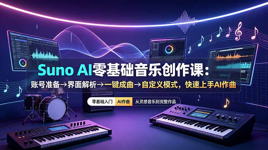 Suno AI零基础音乐创作课：账号准备→界面解析→一键成曲→自定义模式，快速上手AI作曲-云科数创