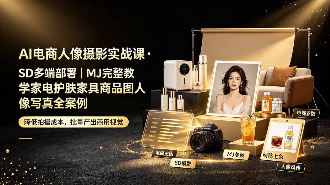 AI电商人像摄影实战课·SD多端部署｜MJ完整教学｜家电护肤家具商品图人像写真全案例-云科数创