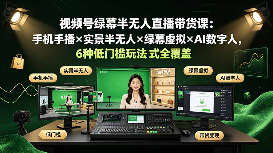 视频号绿幕半无人直播带货课:手机手播×实景半无人×绿幕虚拟×AI数字人,6种低门槛玩法全覆盖-云科数创